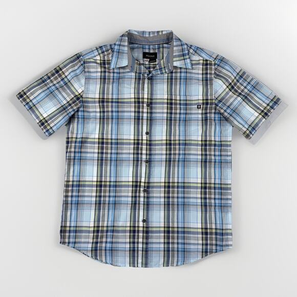 Marmot Plaid Short Sleeve Button Up Shirt Men’s M Blue Green Outdoor Hiking Work - Picture 1 of 14
